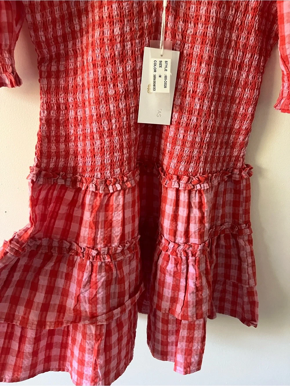 NWT Caroline Constas Red Gingham Tiered Mini Dress with Puff Sleeves Size Med - Picture 5 of 7